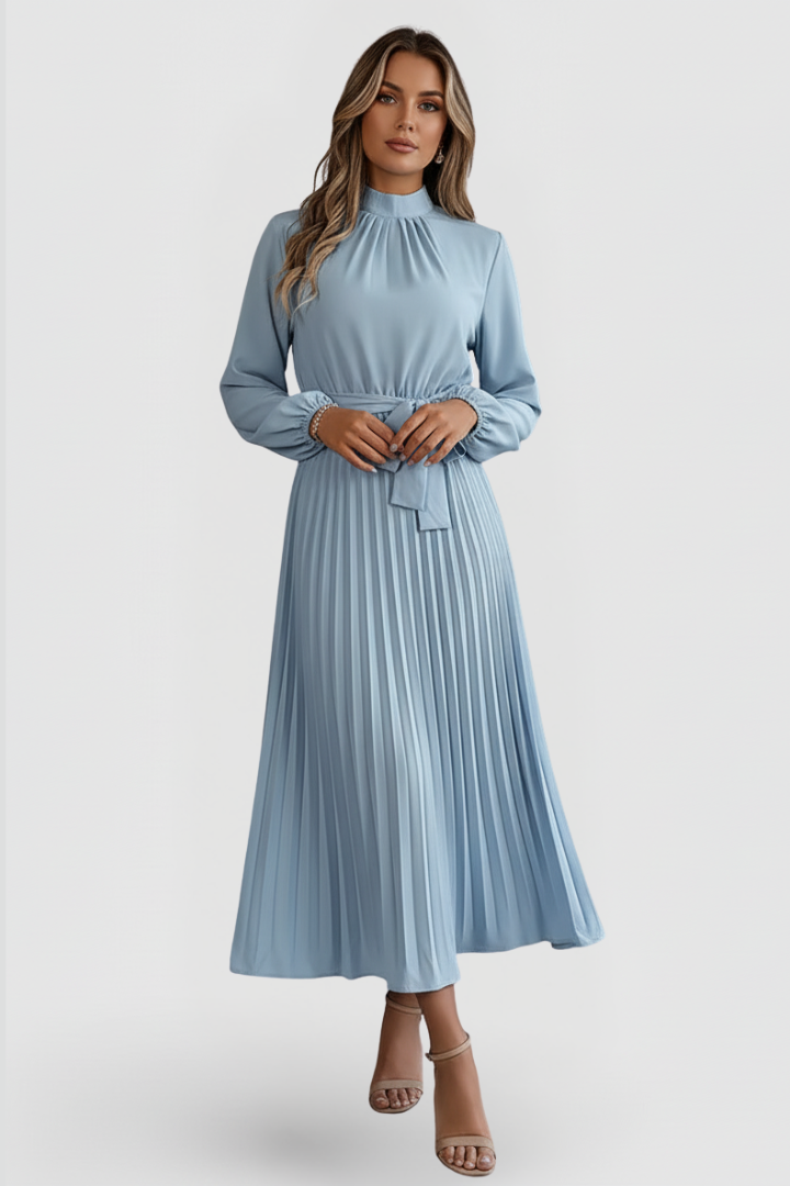 Linda | Elegant Mock Neck Pleated Midi Dress 0