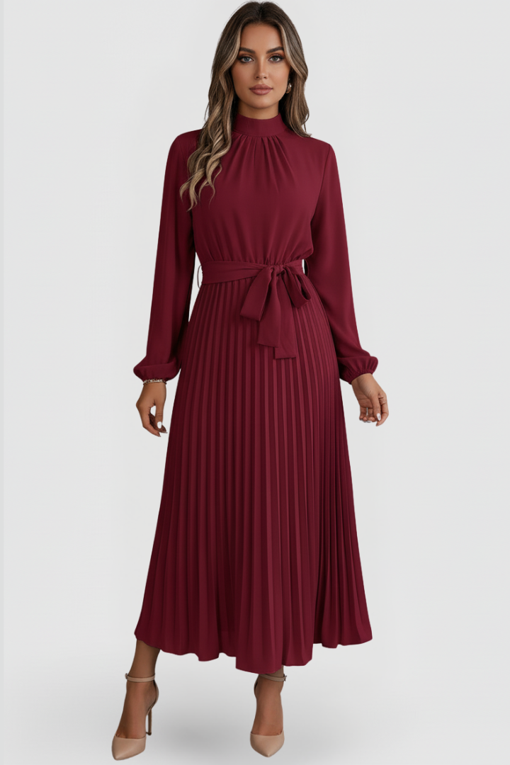Linda | Elegant Mock Neck Pleated Midi Dress 6