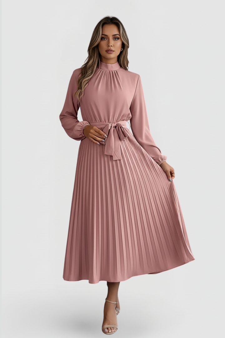 Linda | Elegant Mock Neck Pleated Midi Dress 7