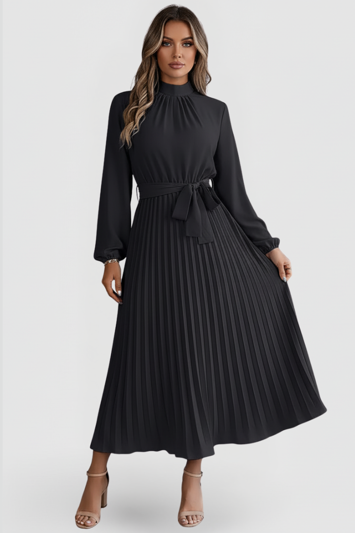 Linda | Elegant Mock Neck Pleated Midi Dress 9