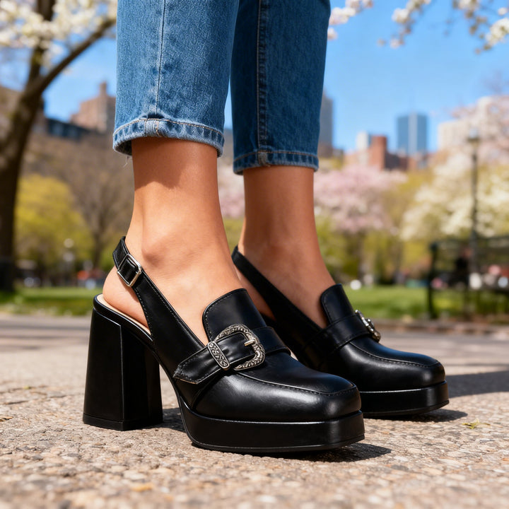 Lourdes | Women's Platform Loafers Slingback Block Heel Chic Casual 8
