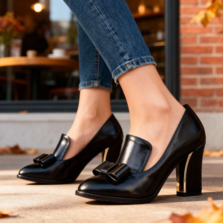 Lucette | Women's Pumps Gold Heels for Women Bow Detail Slip-On Style 4