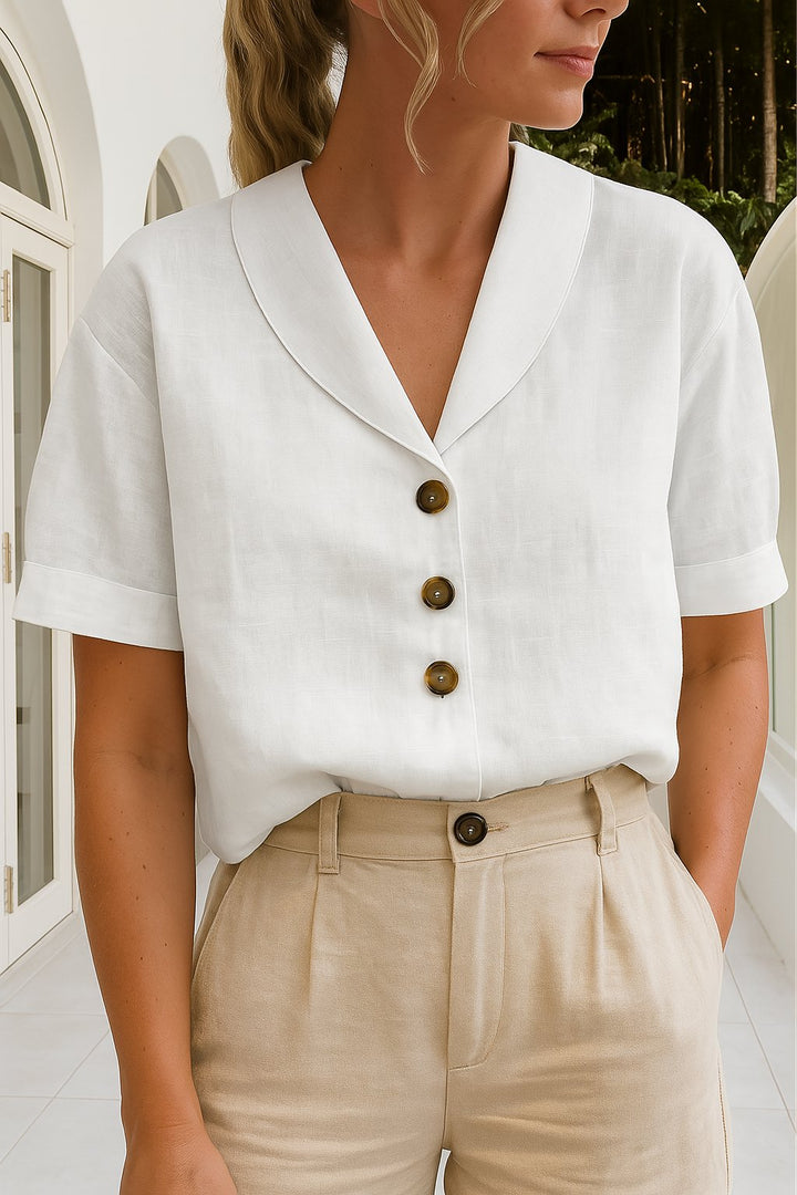 Maeve | Chic Short Sleeve V-Neck Button-Front Blouse 0