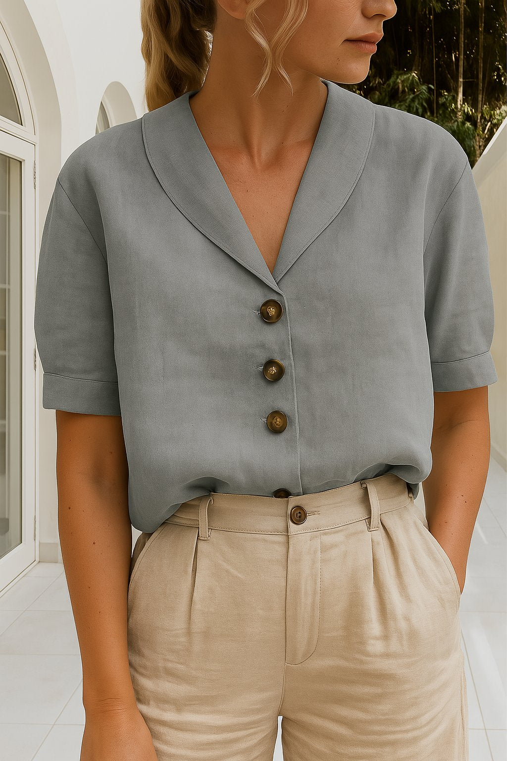 Maeve | Chic Short Sleeve V-Neck Button-Front Blouse 3