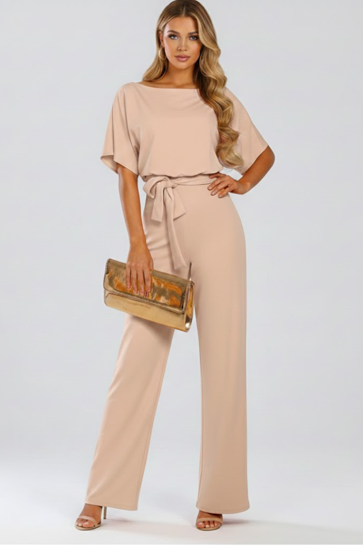 Mary | Elegant Short Sleeve Wide-Leg Belted Jumpsuit 0