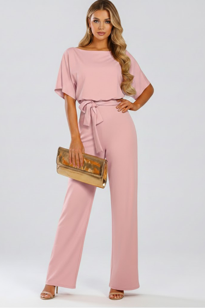 Mary | Elegant Short Sleeve Wide-Leg Belted Jumpsuit 10
