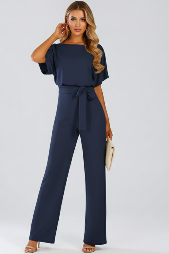 Mary | Elegant Short Sleeve Wide-Leg Belted Jumpsuit 7