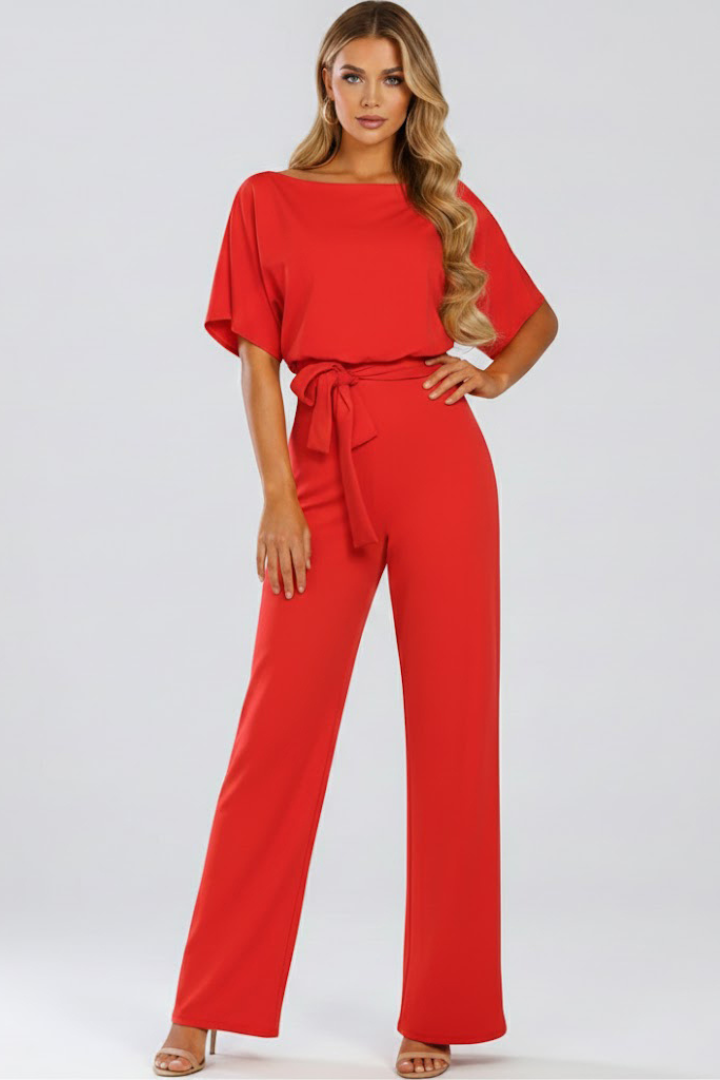 Mary | Elegant Short Sleeve Wide-Leg Belted Jumpsuit 8