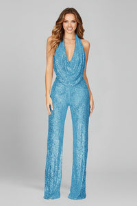 Maya | Women's Sequin Halter Cowl Neck Open-Back Wide Leg Jumpsuit