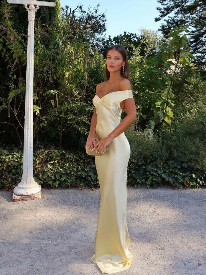 Maya | Satin Dress Wedding Guest Off-The-Shoulder Elegant Fit 0