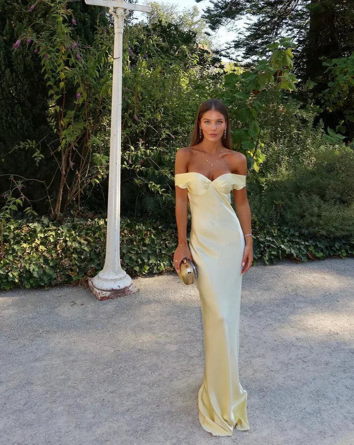 Maya | Satin Dress Wedding Guest Off-The-Shoulder Elegant Fit 1