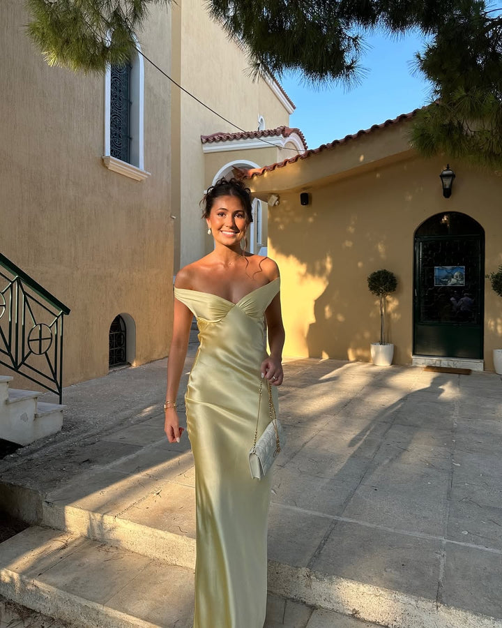 Maya | Satin Dress Wedding Guest Off-The-Shoulder Elegant Fit 3