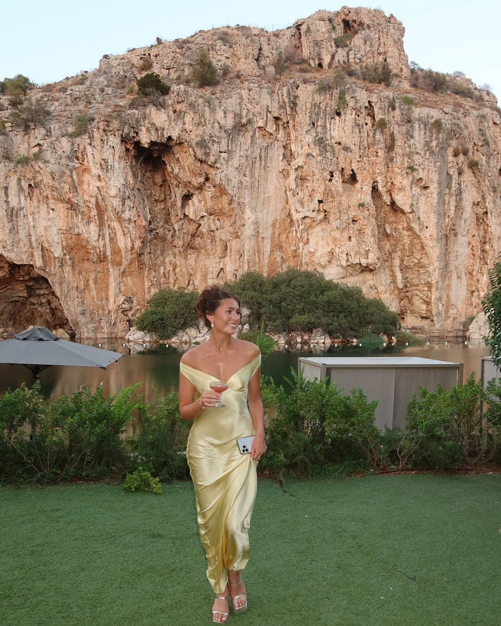 Maya | Satin Dress Wedding Guest Off-The-Shoulder Elegant Fit 4