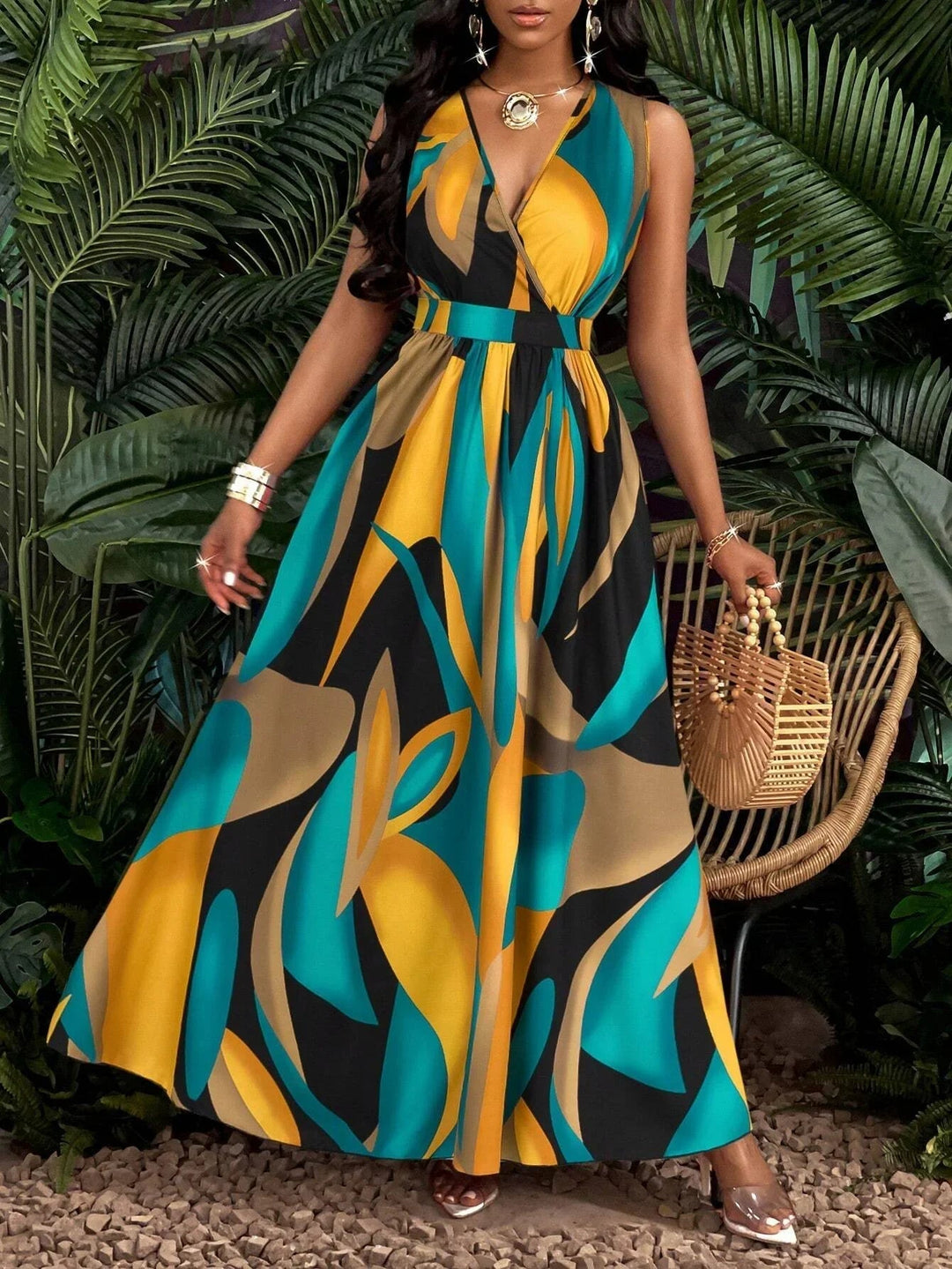 Mirella | Abstract Print Deep V-Neck Maxi Dress 2