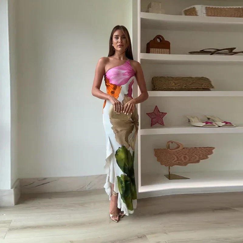 Nora | Elegant Floral One Shoulder Asymmetric Maxi Dress 0