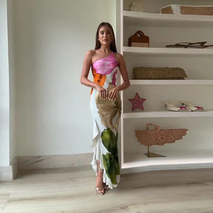 Nora | Elegant Floral One Shoulder Asymmetric Maxi Dress 0