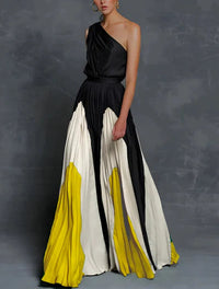 Mia | One-Shoulder Color-Block Pleated Maxi Gown