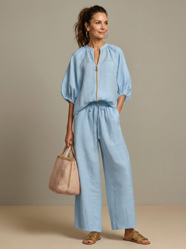 Olivia | Trendy Zip-Up Blouse & Wide-Leg Trouser Set 0