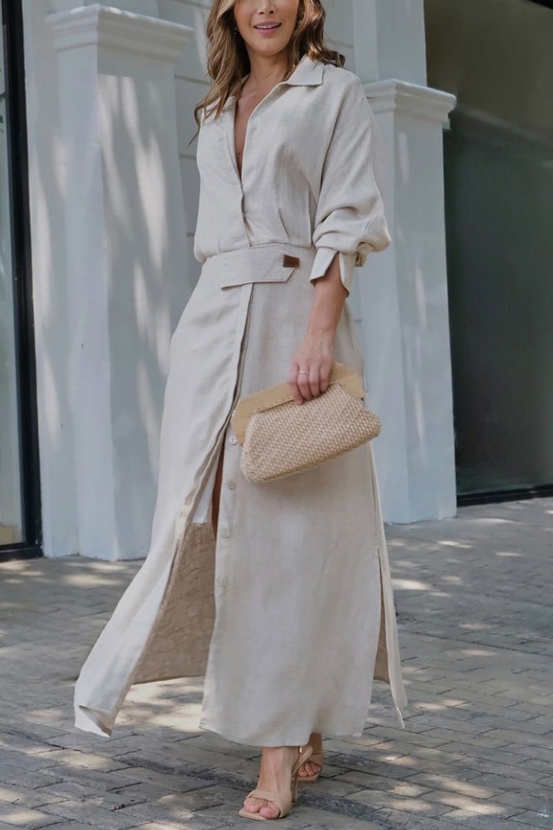 Paige | Elegant Collared Belted Maxi Shirt Dress 0