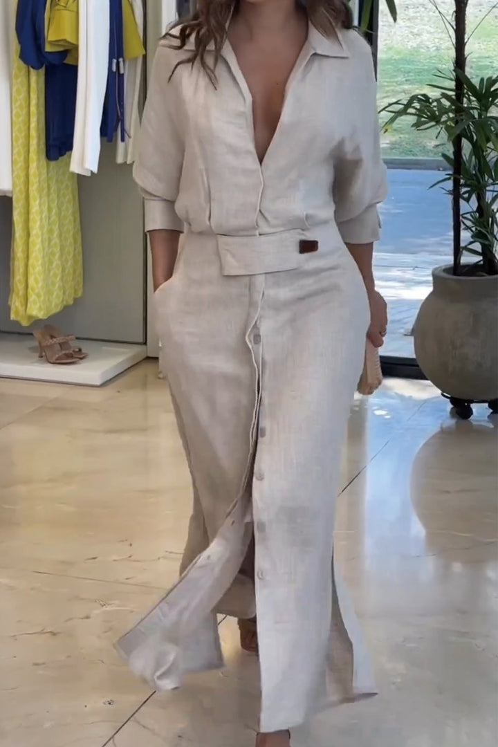 Paige | Elegant Collared Belted Maxi Shirt Dress 2