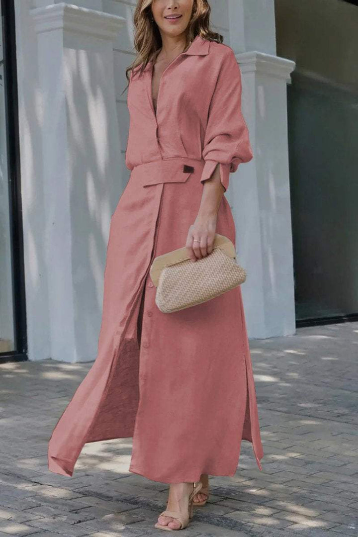 Paige | Elegant Collared Belted Maxi Shirt Dress 6