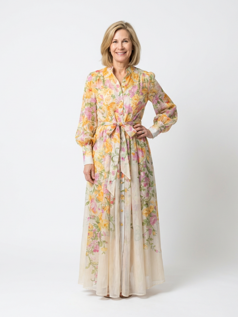 Poppy | Elegant Floral Button-Front Maxi Dress 0