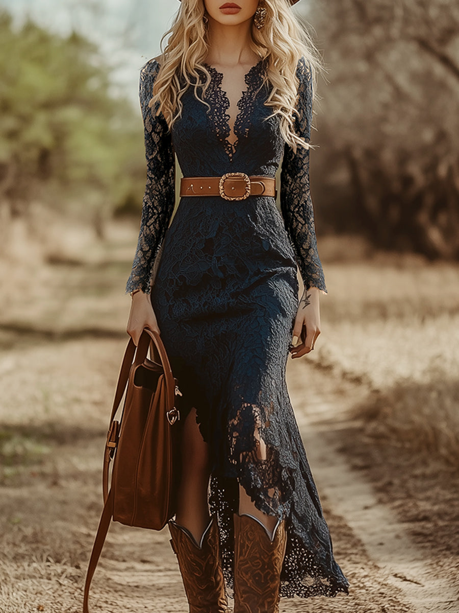 Ravina | Elegant and Sophisticated Long Sleeve Lace Midi Dress 0