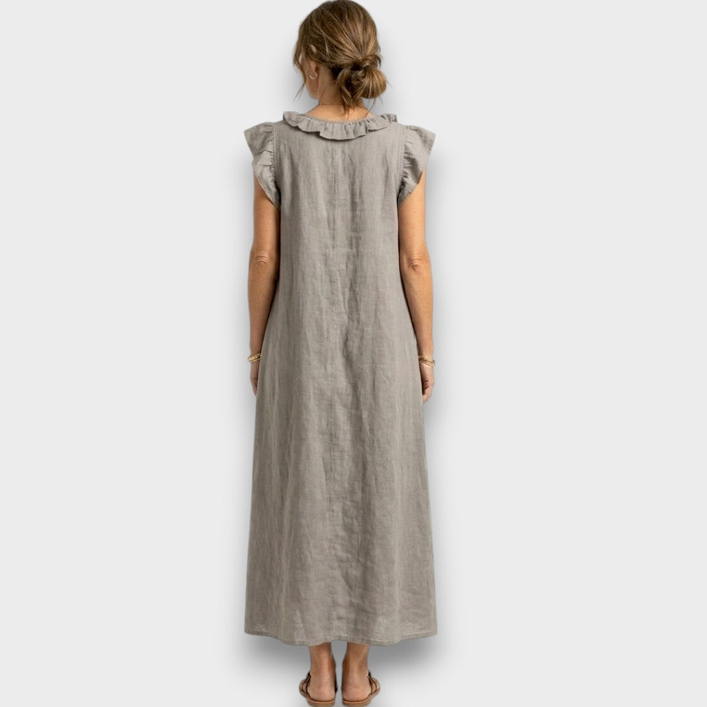 Rebecca | Elegant V-Neck Maxi Linen Dress with Floral Embroidery 1
