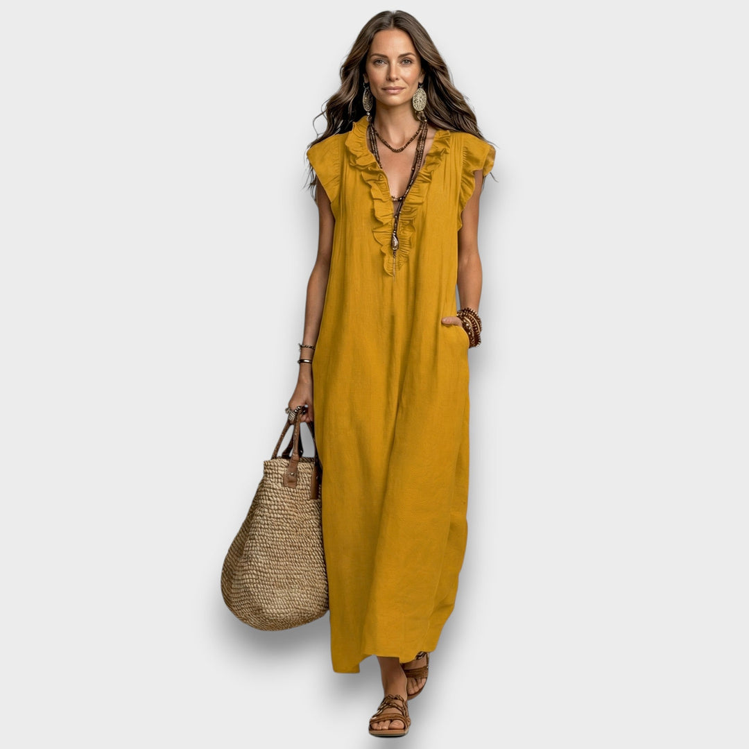 Rebecca | Elegant V-Neck Maxi Linen Dress with Floral Embroidery 10