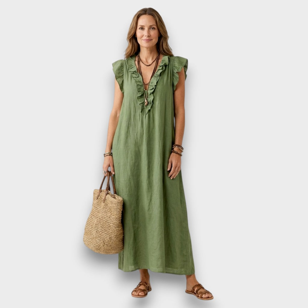 Rebecca | Elegant V-Neck Maxi Linen Dress with Floral Embroidery 2