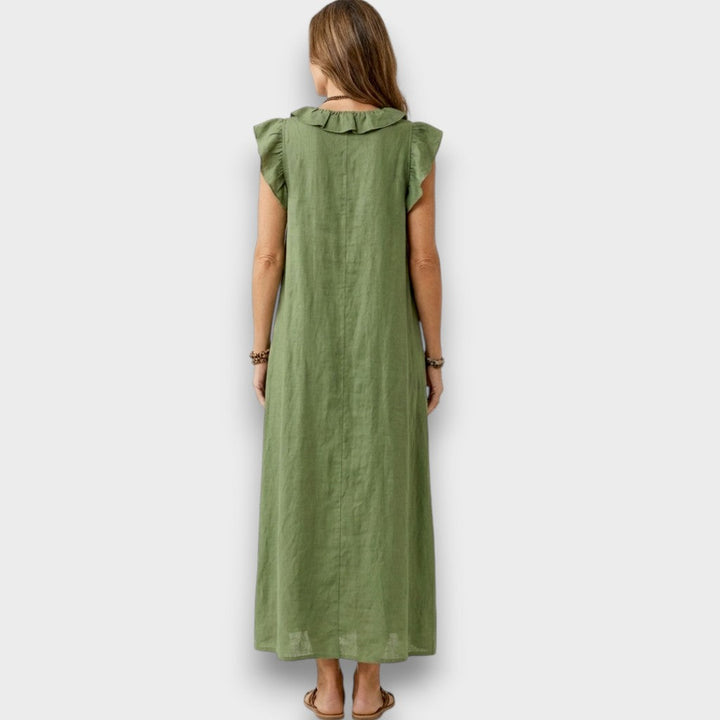 Rebecca | Elegant V-Neck Maxi Linen Dress with Floral Embroidery 3