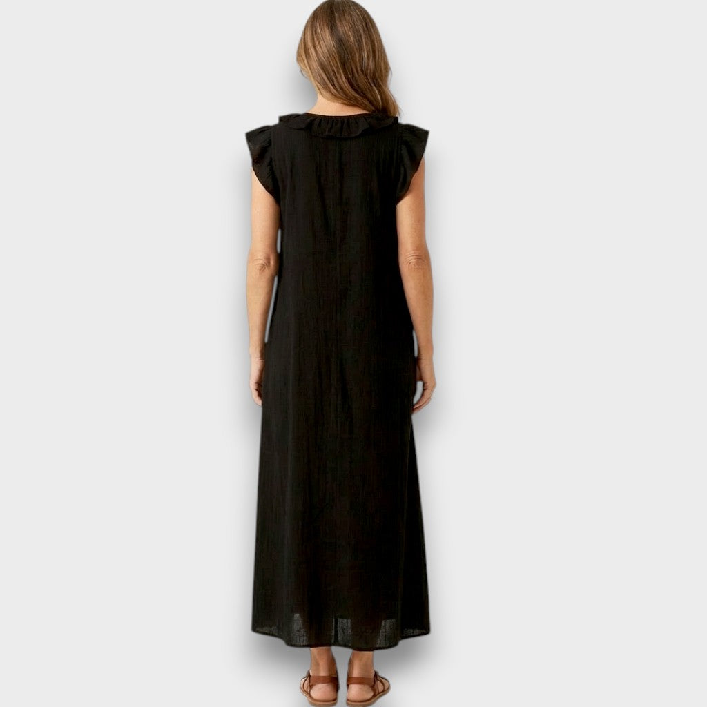 Rebecca | Elegant V-Neck Maxi Linen Dress with Floral Embroidery 7
