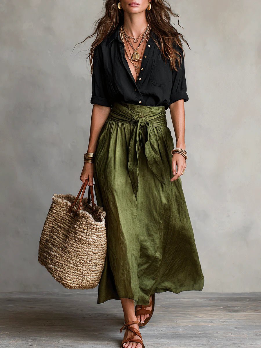 Ruby | Chic Two-Piece Button-Down Shirt and Midi Skirt Set 0
