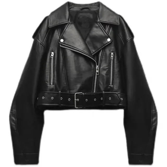 Sandra | Stylish Cropped Biker Jacket with Belt Detail 0