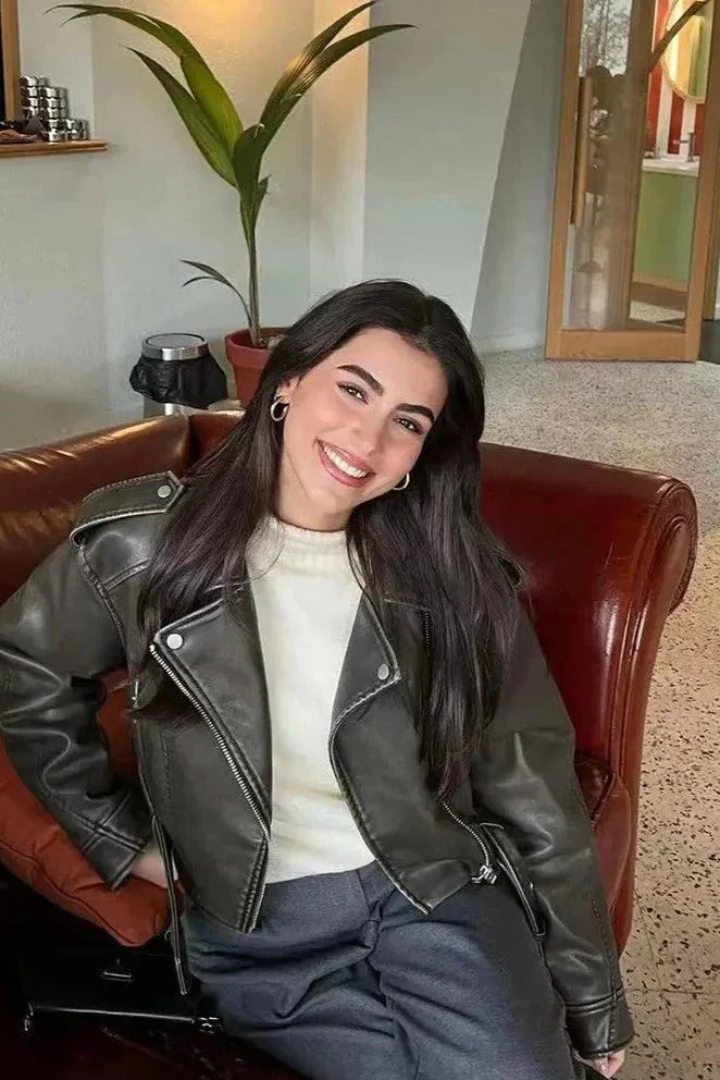 Sandra | Stylish Cropped Biker Jacket with Belt Detail 2