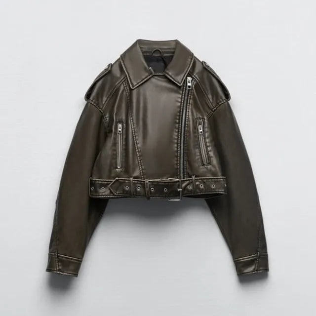 Sandra | Stylish Cropped Biker Jacket with Belt Detail 3
