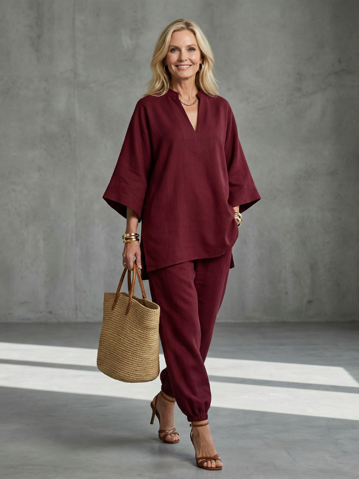 Sarah | Lightweight V-Neck Tunic & Ruffled Trouser Set 0