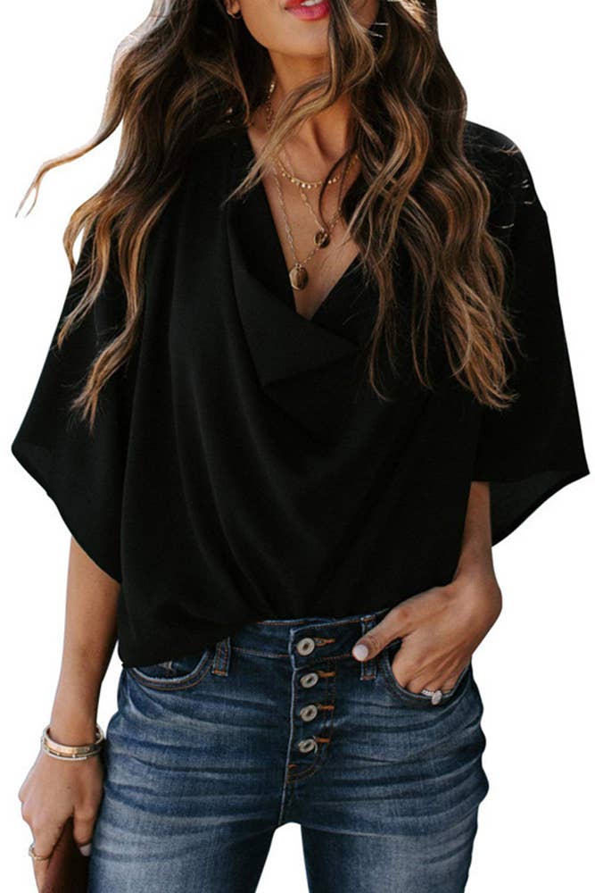 Selene | Elegant Draped Cowl Neck Batwing Blouse 0