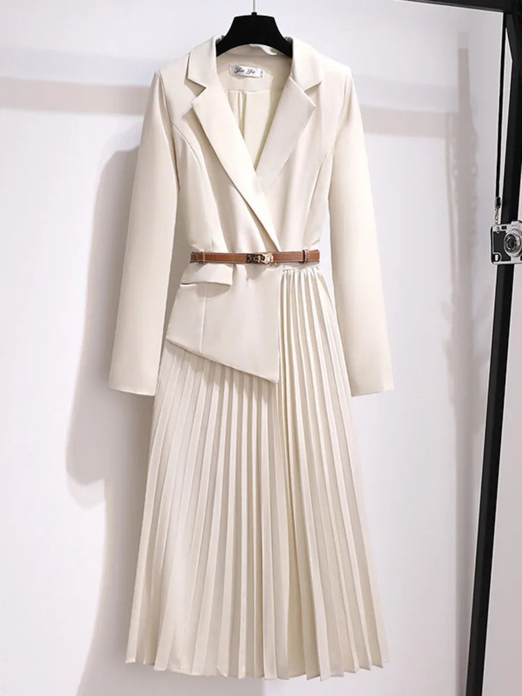 Shirley | Professional Belted Blazer Style Pleated Midi Dress 0