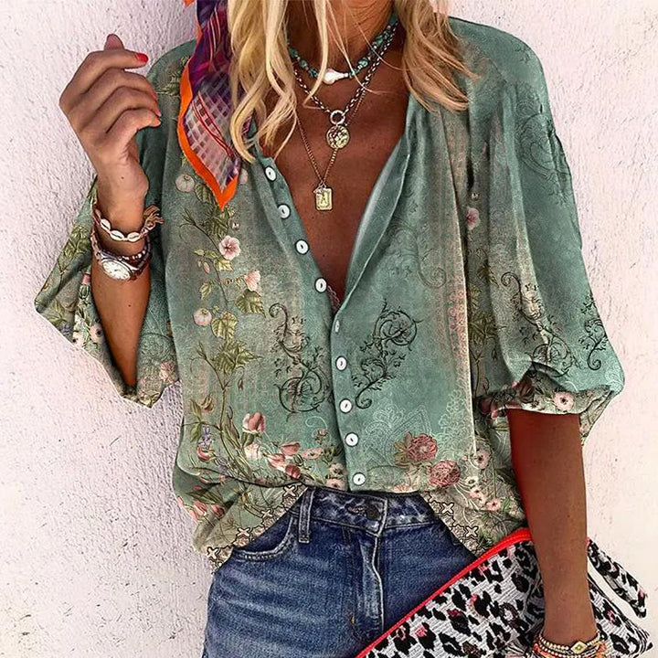 Sophia | Vibrant Botanical Printed Button-Up Blouse 0