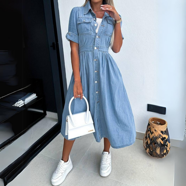 Sophie | Premium Button-Front Denim Midi Dress 0