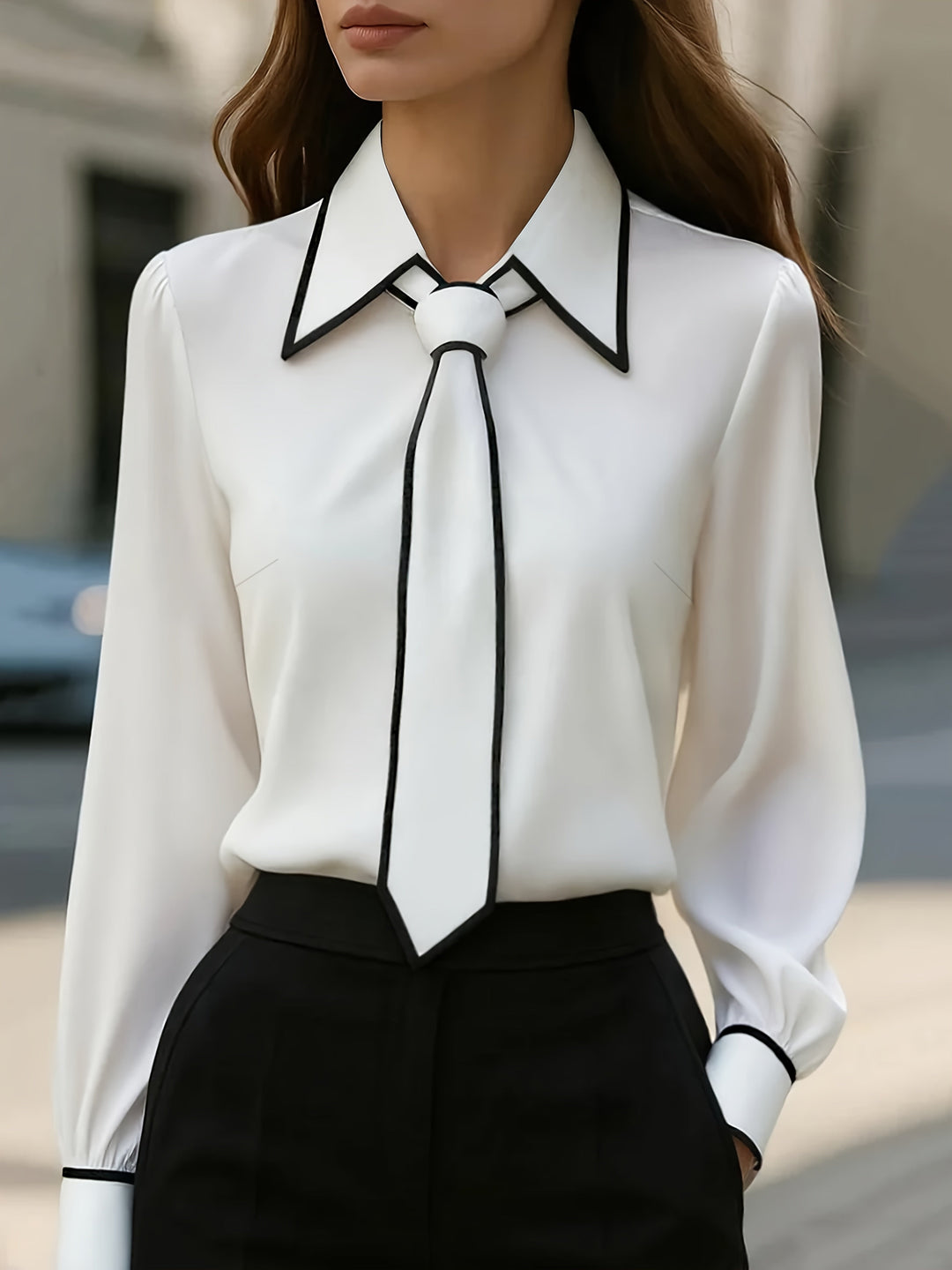 Susanne | Elegant Tie Neck Contrast Collar Blouse 0