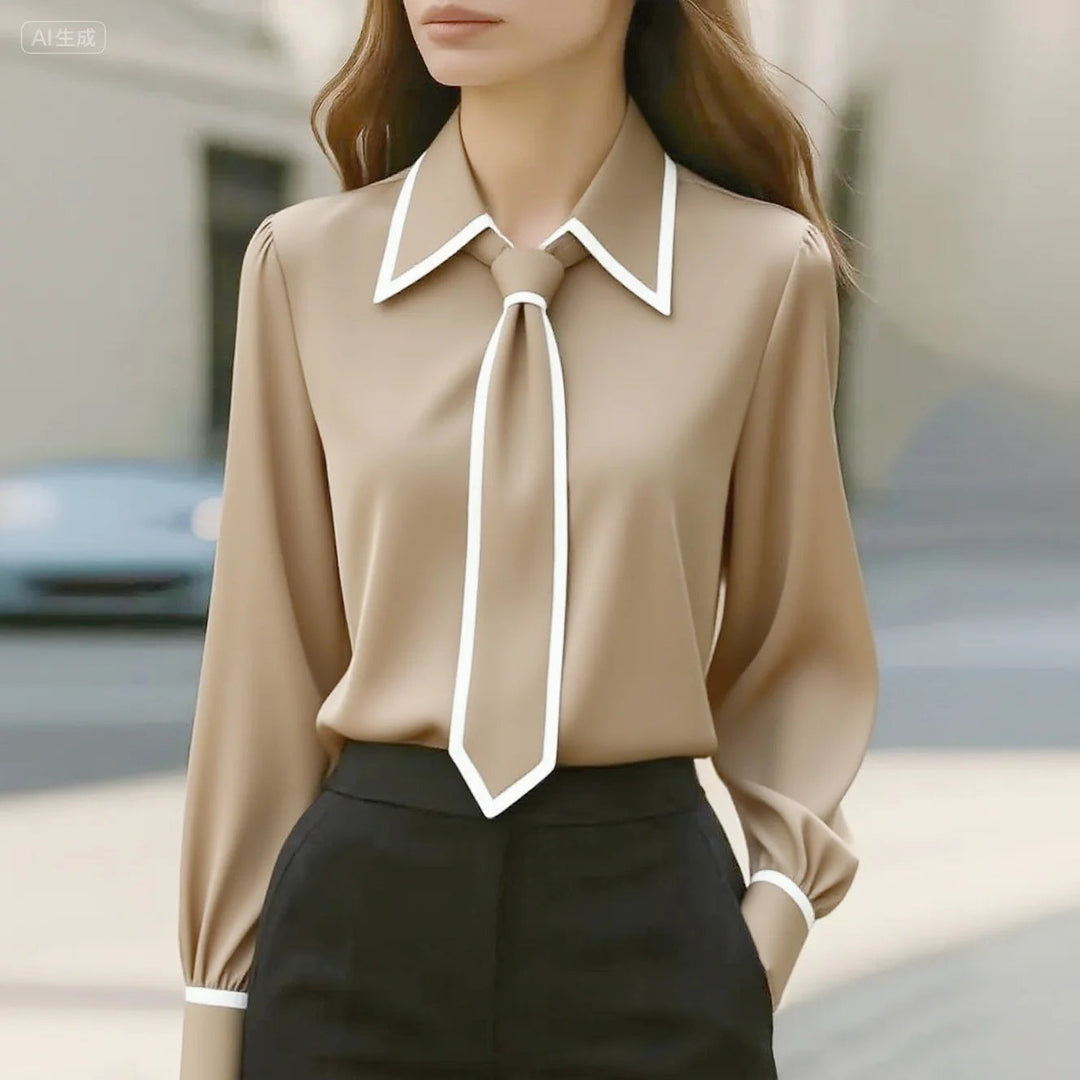 Susanne | Elegant Tie Neck Contrast Collar Blouse 1