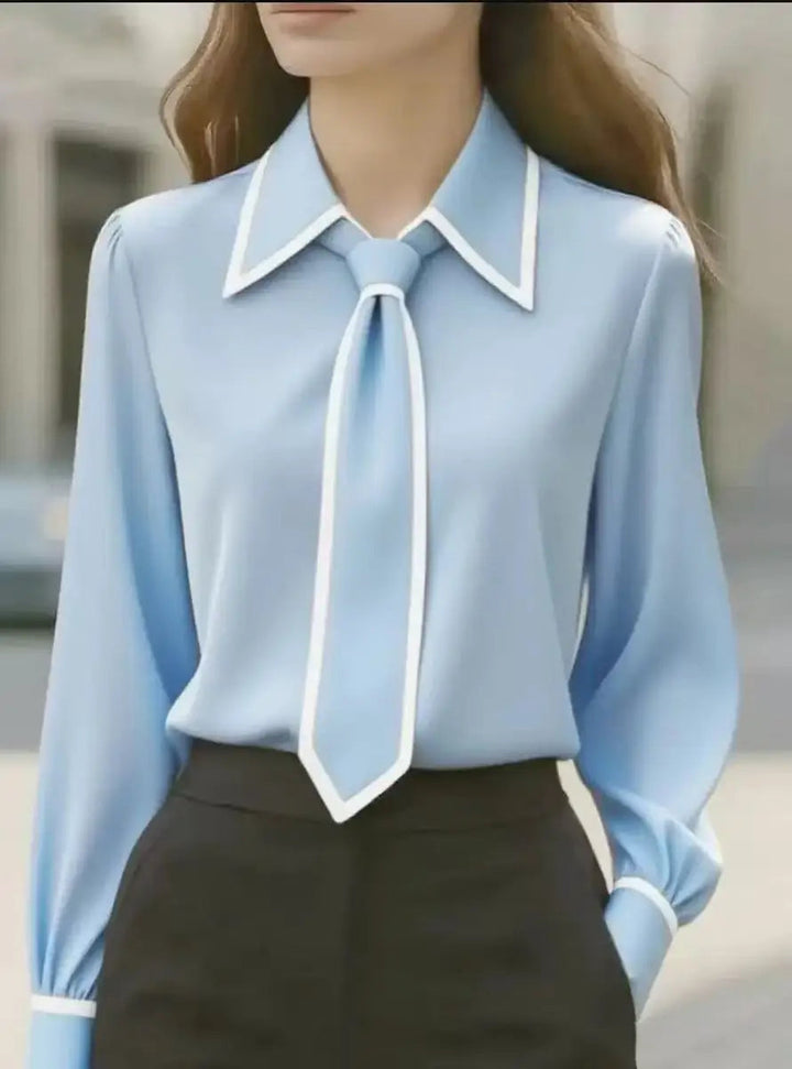 Susanne | Elegant Tie Neck Contrast Collar Blouse 3