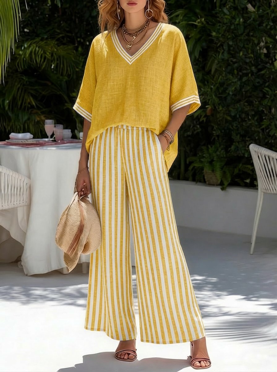 Tahlia | Elegant Striped V-Neck Wide-Leg Two-Piece Set 3