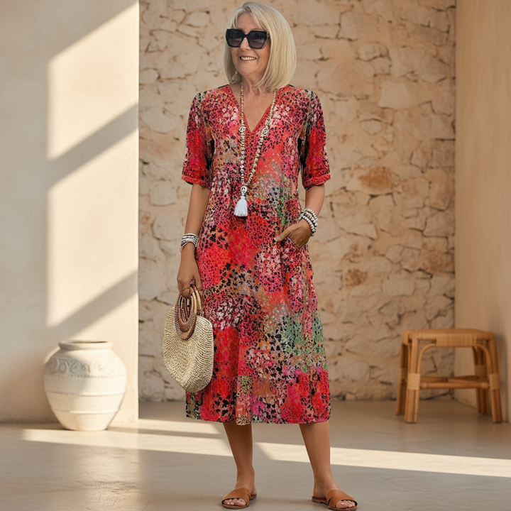 Vibrant Aura | Relaxed Fit Floral Midi Dress for Women 0