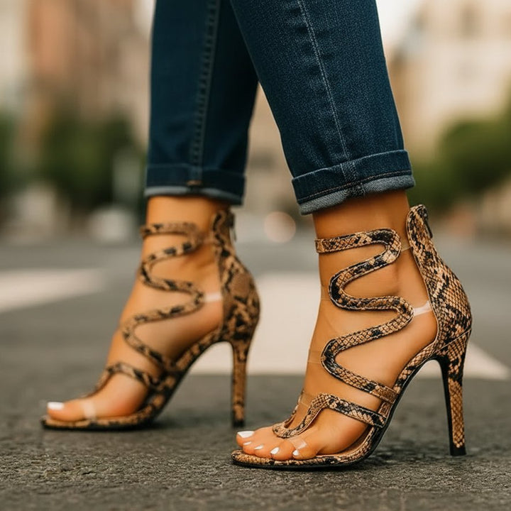 Victoria | Bold And Elegant Snake Print Ankle Wrap Heels 0