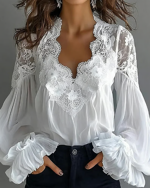 Victoria | Elegant Floral Lace Blouse with Lantern Sleeves 0