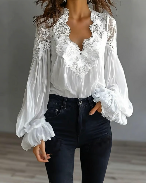 Victoria | Elegant Floral Lace Blouse with Lantern Sleeves 4
