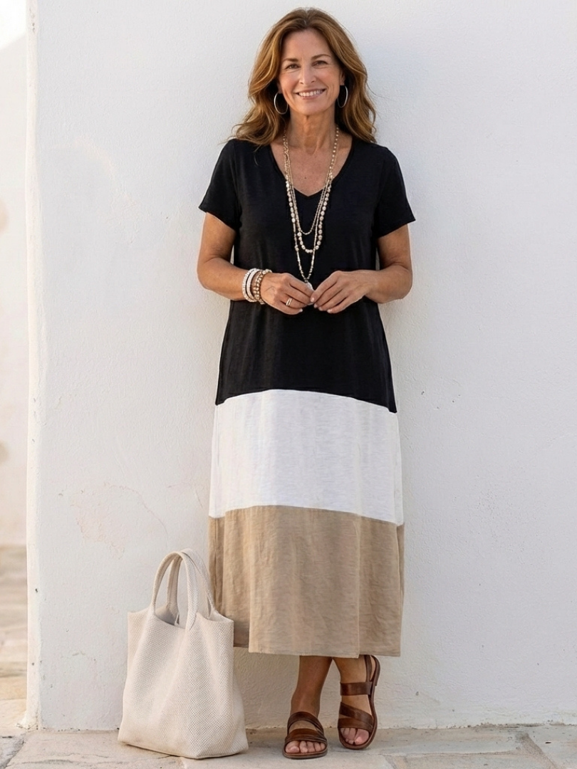 Victoria | Modern Color Block V-Neck Midi Dress 0